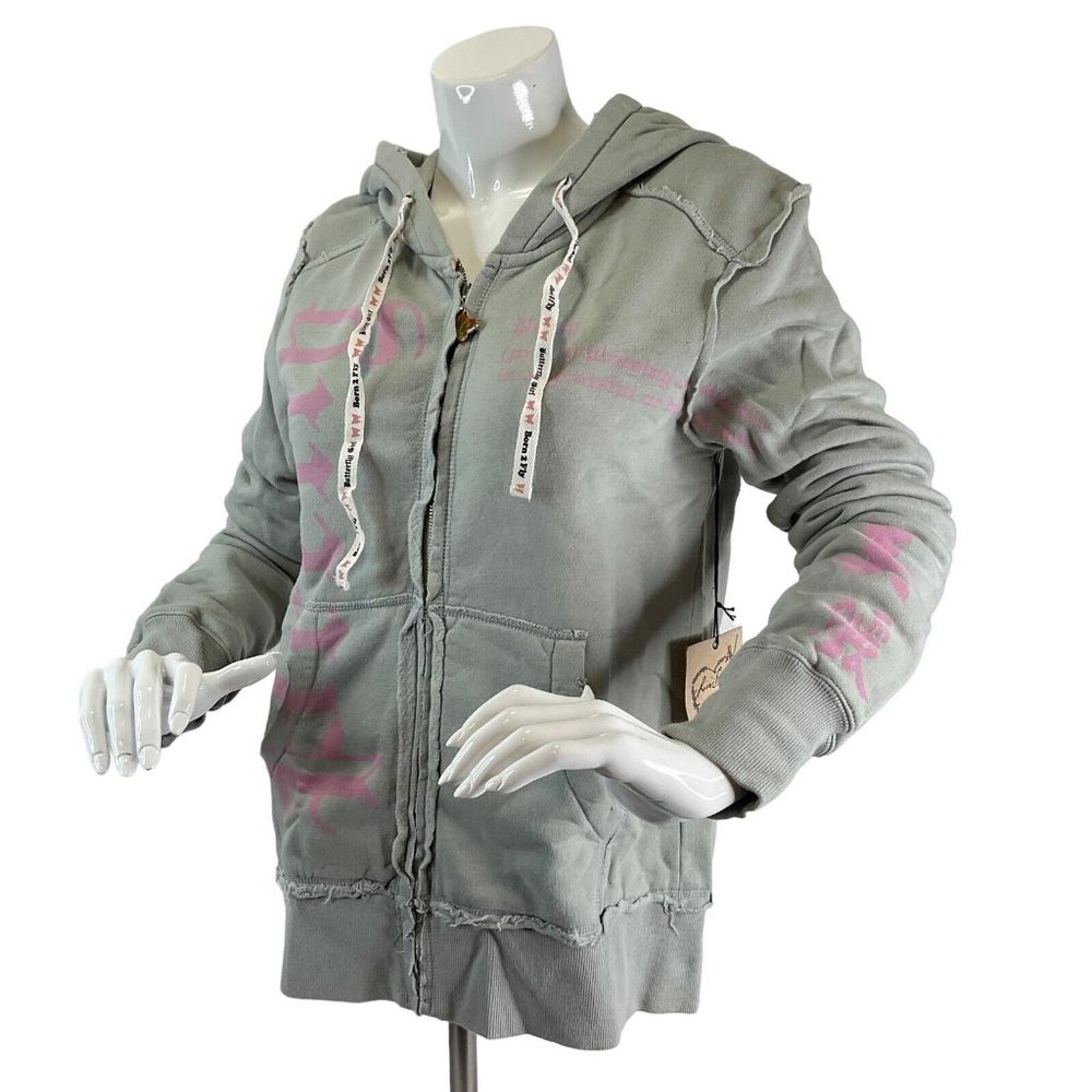 Lovestitch Womens Sz M Gray Sweatshirt Hooded Jacket Printed sleeve and back Nwt - Picture 3 of 12